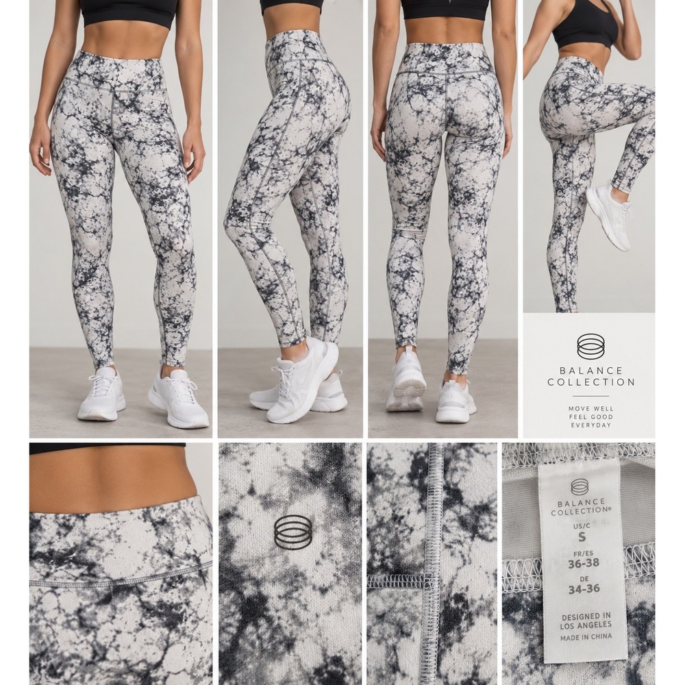 Balance Collection Womens High Waisted Marble Print Leggings Black White Small